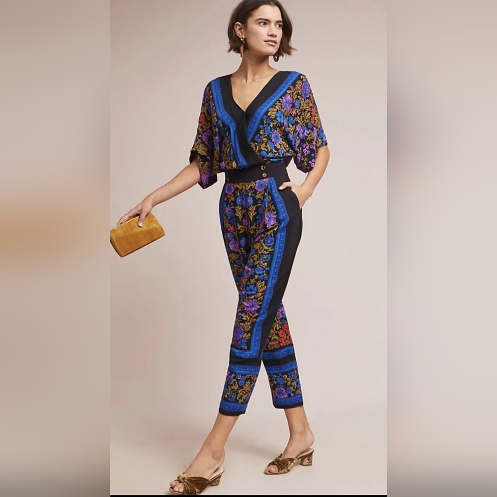 Anthropologie Jumpsuit Floral Scarf black blue V Neck Print Size 4 Wedding Party